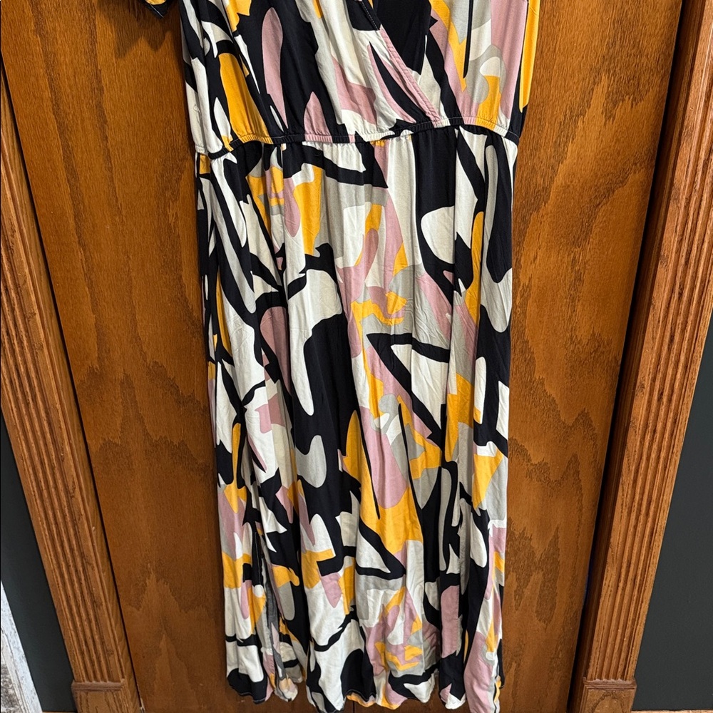 Abstract Print Pink, Mustard & Black Wrap-Front Women's Dress - Picture 2 of 7